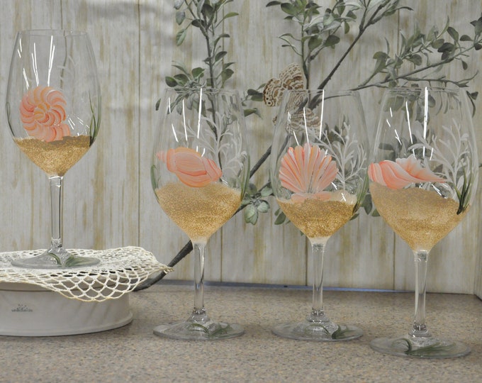 Hand Painted, Peach/Coral Seashell wine glass