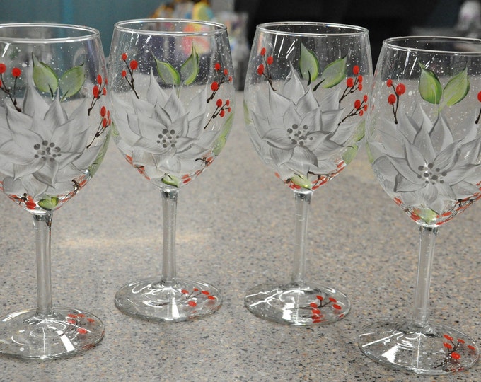 Hand Painted, White/Silver Poinsettia & Berries wine glass