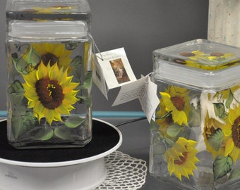 2 Piece Set, Hand Painted Sunflower Canisters