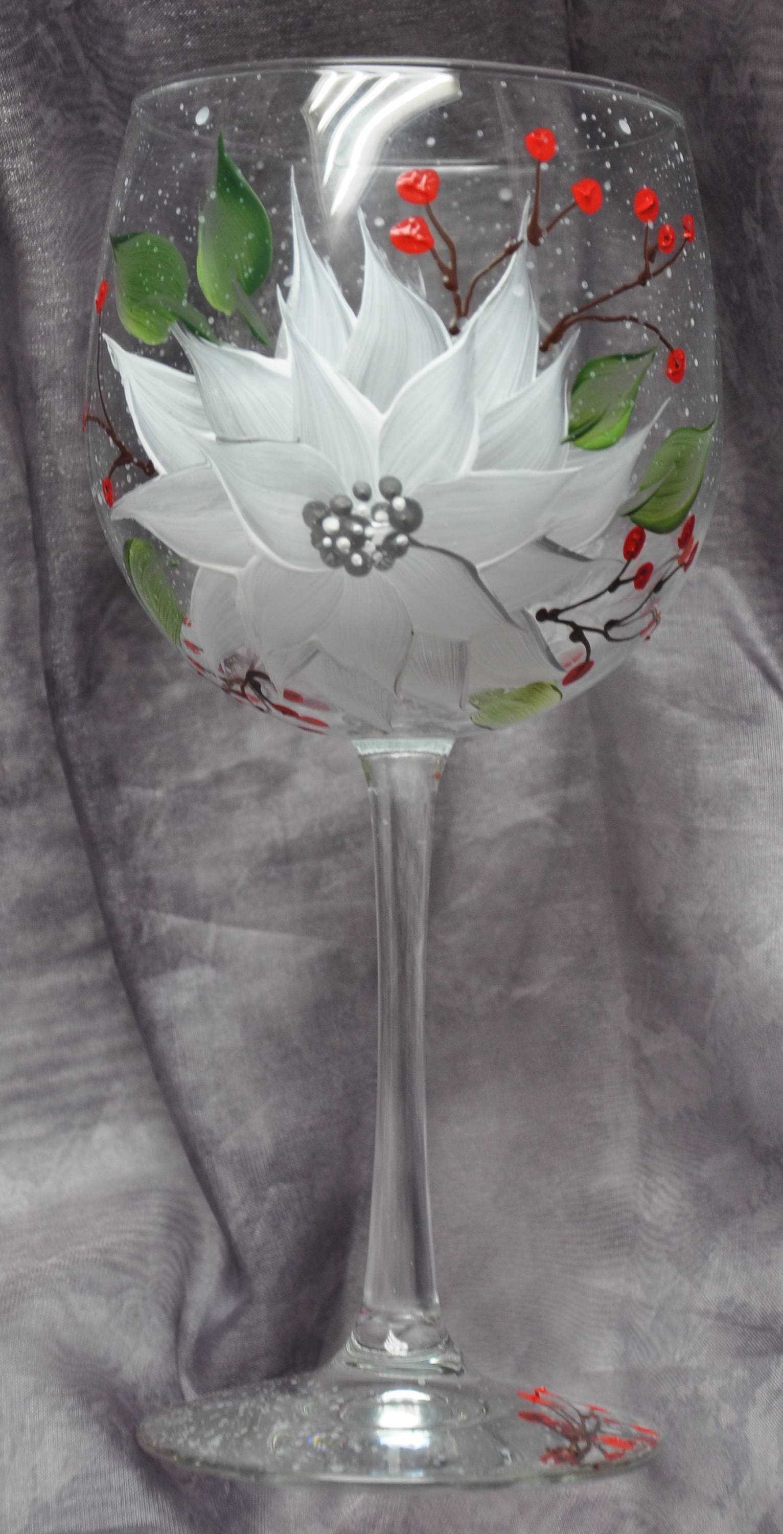 Poinsettia Flower Painted Wine Glass