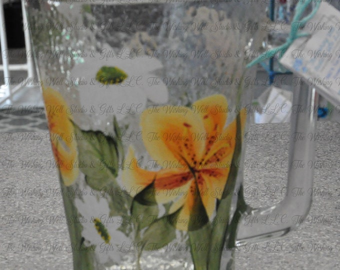 2 Qt. glass, hand painted tiger lily & daisy pitcher