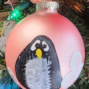 Single, hand painted Penguin ornament Coral