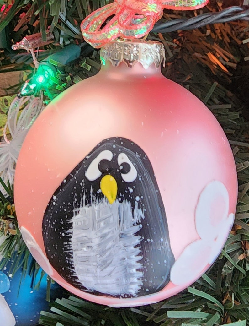 Single, hand painted Penguin ornament Coral