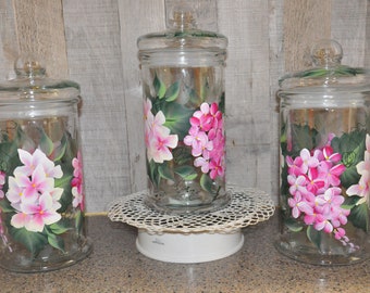3 Piece Set, Hand Painted pink Floral Canisters