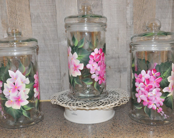 3 Piece Set, Hand Painted pink Floral Canisters