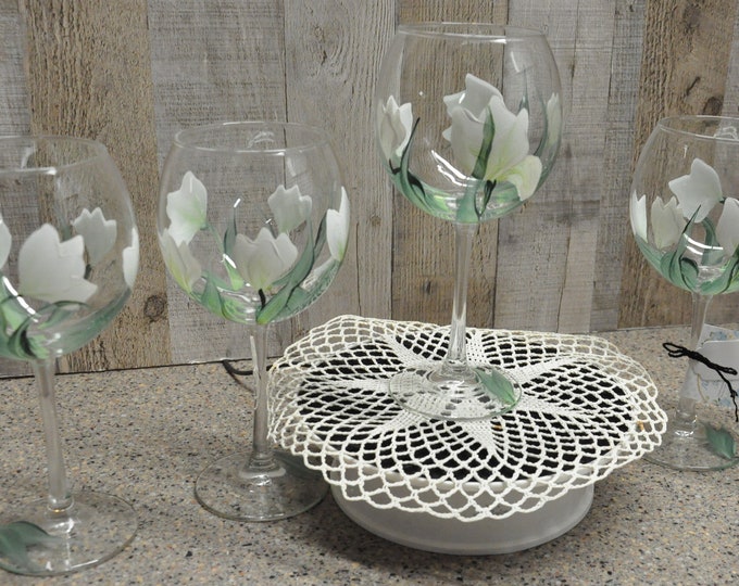 Hand painted White Tulip Wine Glass