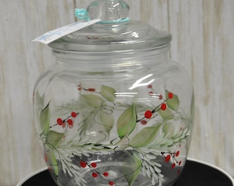 Hand painted, Pine n' Berries canister.