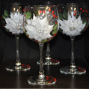Hand Painted, White/Silver Poinsettia & Berries wine glass