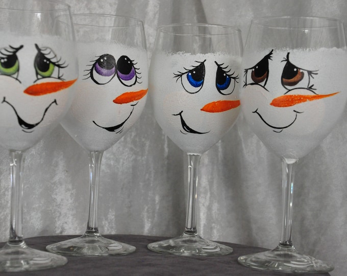Hand Painted, Snowman Face wine glass