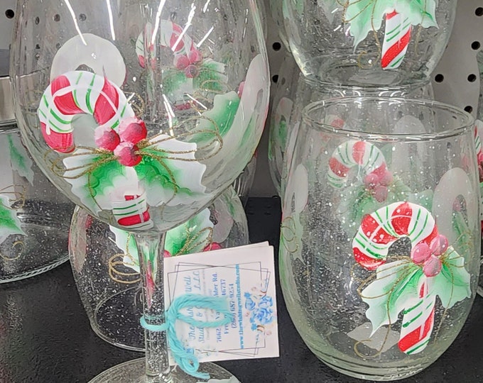 Hand Painted, Candy Cane wine glass