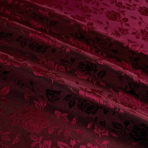 59/60 Burgundy Floral Jacquard Brocade Satin Fabric (100% Polyester)
