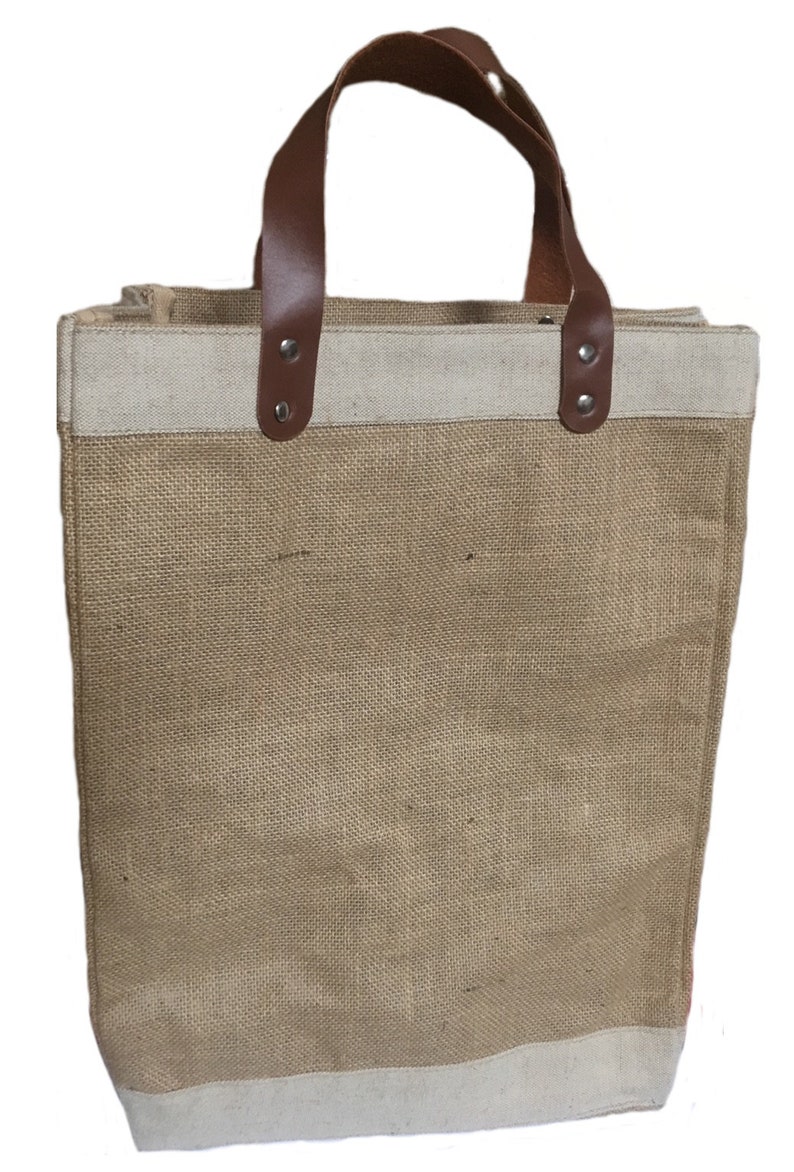 Burlap Tote Bag With Faux Leather Handles 13w X Etsy