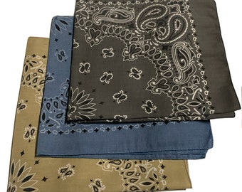 Made in the USA Paisley Bandanas - Beige, Chambray, and Charcoal (3 pack) 100% Cotton 22" x 22"