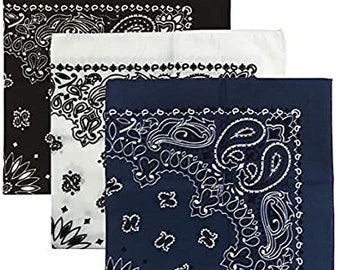 Made in the USA Paisley Bandanas - Navy, White, and Black (3 pack) 100% Cotton 22" x 22"