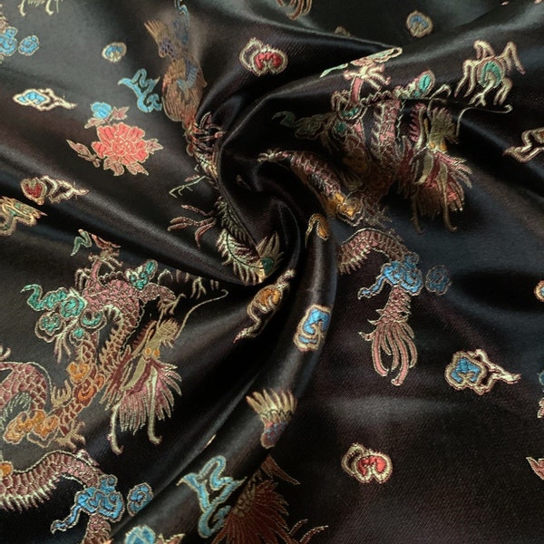 Black - 44/45" Chinese Dragon Brocade (By the Yard) 45% Poly 55 Cotton