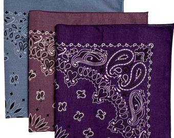 Made in the USA Paisley Bandanas - Purple, Chambray, and Plum (3 pack) 100% Cotton 22" x 22"