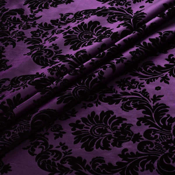 58/60" Plum/Black Flocked Damask Taffeta Fabric - 5 Yards