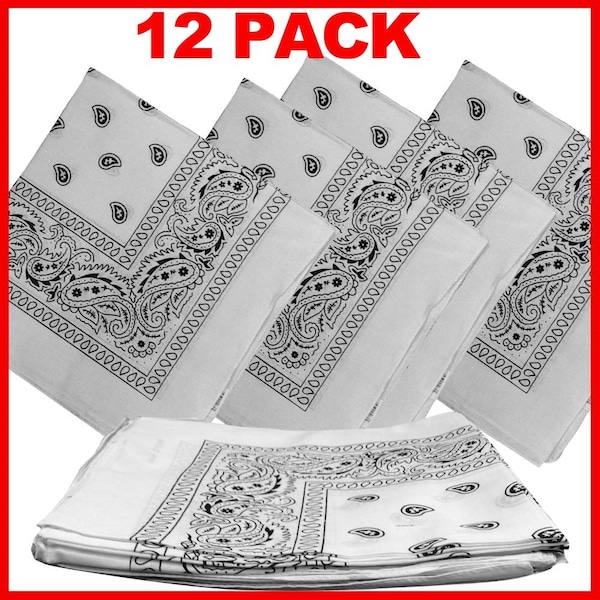 White Paisley Bandanas (12 Pack) 22" x 22" 100% Cotton