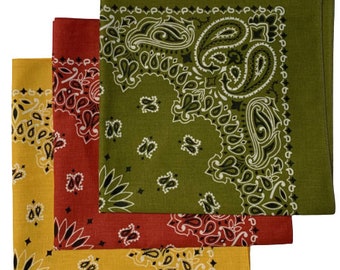 Made in the USA Paisley Bandanas - Olive, Terracotta, and Gold (3 pack) 100% Cotton 22" x 22"