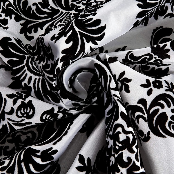 58/60" White/Black Flocked Damask Taffeta Fabric - 5 Yards
