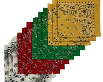 Made in the USA Paisley Bandanas 12 Pk White, Red, Kelly Green, and Gold 22" x 22" 100% Cotton