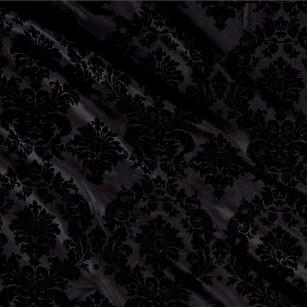 58/60" Black/Black Flocked Damask Taffeta Fabric - By The Yard