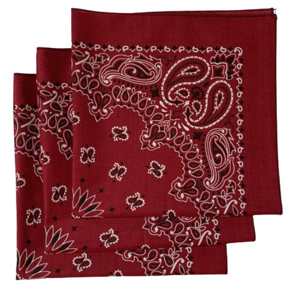 Made in the USA Burgundy Paisley Bandanas - (3 pack) 100% Cotton 22" x 22"