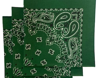 Made in the USA Hunter Green Paisley Bandanas - (3 pack) 100% Cotton 22" x 22"