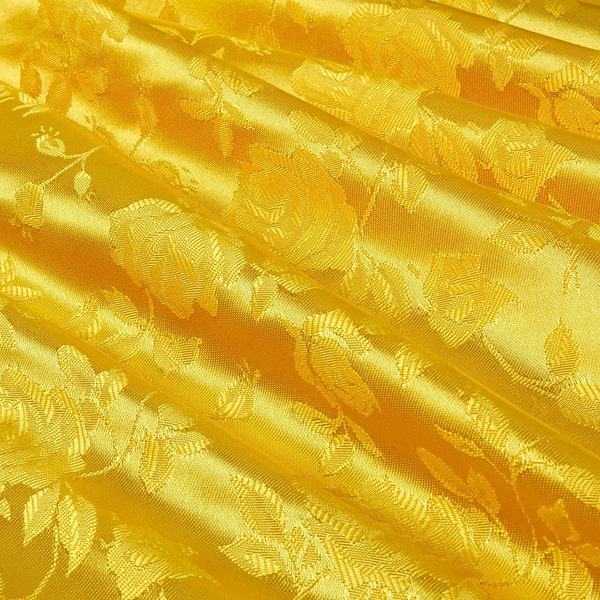 59/60" Yellow Floral Jacquard Brocade Satin Fabric (100% Polyester)