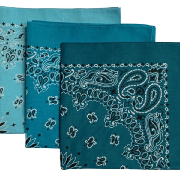 Made in the USA Paisley Bandanas - Light Blue, Turquoise, and Mirage (3 pack) 100% Cotton 22" x 22"