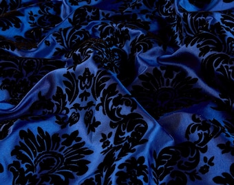58/60" Royal/Black Flocked Damask Taffeta Fabric - By The Yard