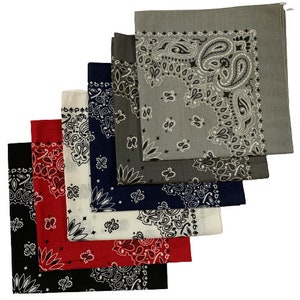 Made in the USA Paisley Bandanas - Black, Red, White, Navy, Charcoal, Silver (6 pack) 100% Cotton 22" x 22"