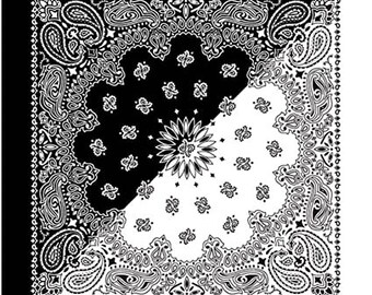 Made in the USA Black/White Split Paisley Bandana 100% Cotton 22" x 22"