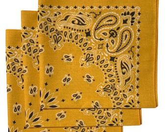 Made in the USA Paisley Bandanas - Gold (3 pack) 100% Cotton 22" x 22"