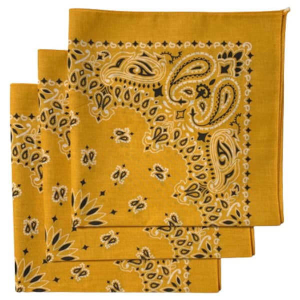 Made in the USA Paisley Bandanas - Gold (3 pack) 100% Cotton 22" x 22"