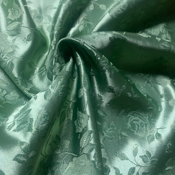 59/60" Sage Floral Jacquard Brocade Satin Fabric (100% Poliéster)