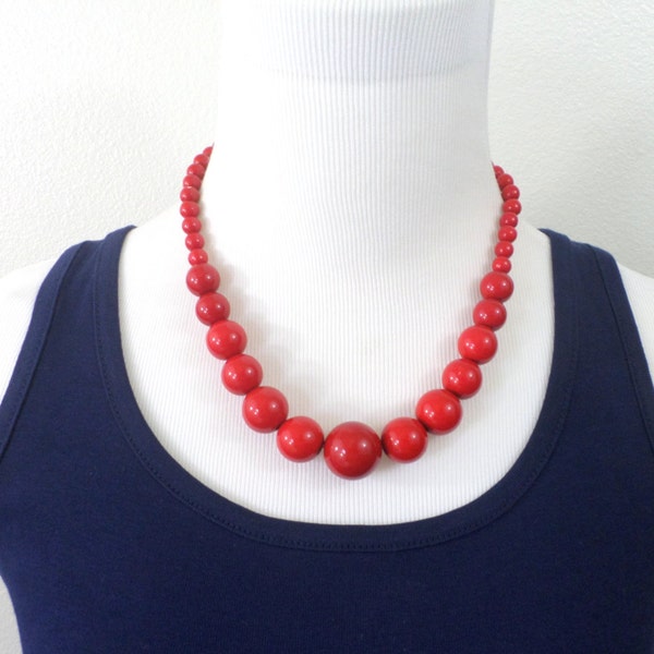 Chunky Red Bead Necklace Large Beaded Necklace Cherry Red Bright Red Large Bead Vintage Necklace Jewelry