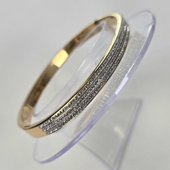 Rhinestone Gold Tone Bangle, Thin Stacking Bracel… - image 1