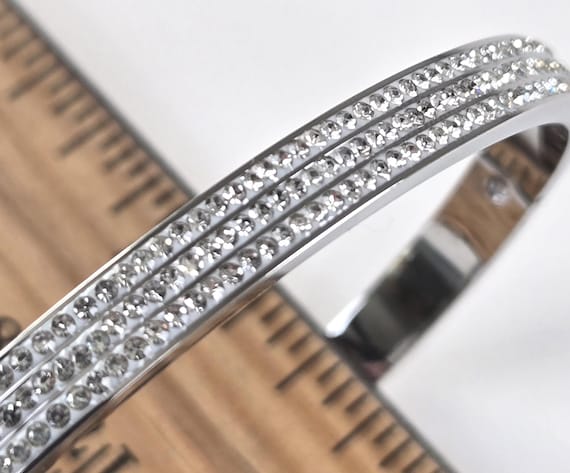 Silver Vintage Hinged Bangle, Pavé Rhinestone Bra… - image 6