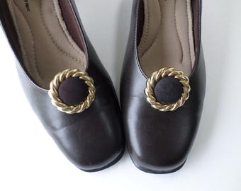 Large Round Shoe Clips, Sol D'or Burgundy Brown Buckles