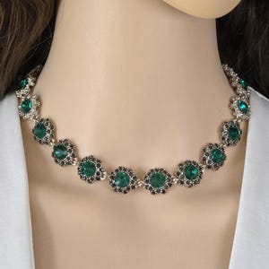 Rhinestone Choker Emerald Green Victorian Revival Silver Tone Necklace