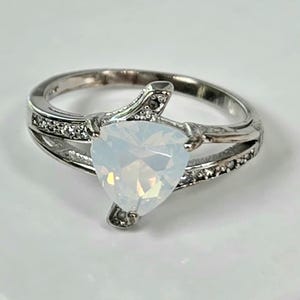 Opal Ring Sterling Silver 1.5 Carat Trilliant Cut Art Deco Style White Fire Ring