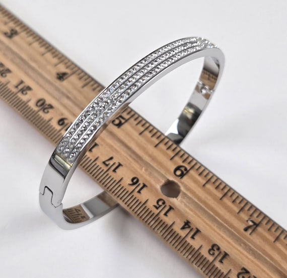 Silver Vintage Hinged Bangle, Pavé Rhinestone Bra… - image 3