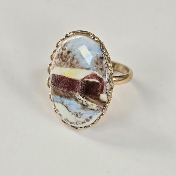 Inez Switzer Hand Painted Porcelain Ring Switzer Covered Bridge Kentucky Historical Art