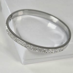 Silver Hinged Bangle, Pavé Rhinestone Bracelet, Thin Stacking