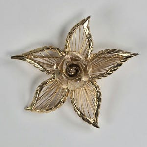 May include: A gold-toned floral brooch. The brooch features a central rose surrounded by five stylized petals and leaves. The petals and leaves have a wire-like design, creating an open, airy appearance. The brooch is set against a white background.