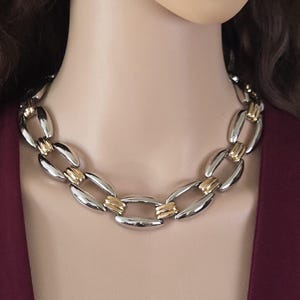 Choker Necklace Wide Heavy Link Rhodium Mixed Metal Mid-Century Style
