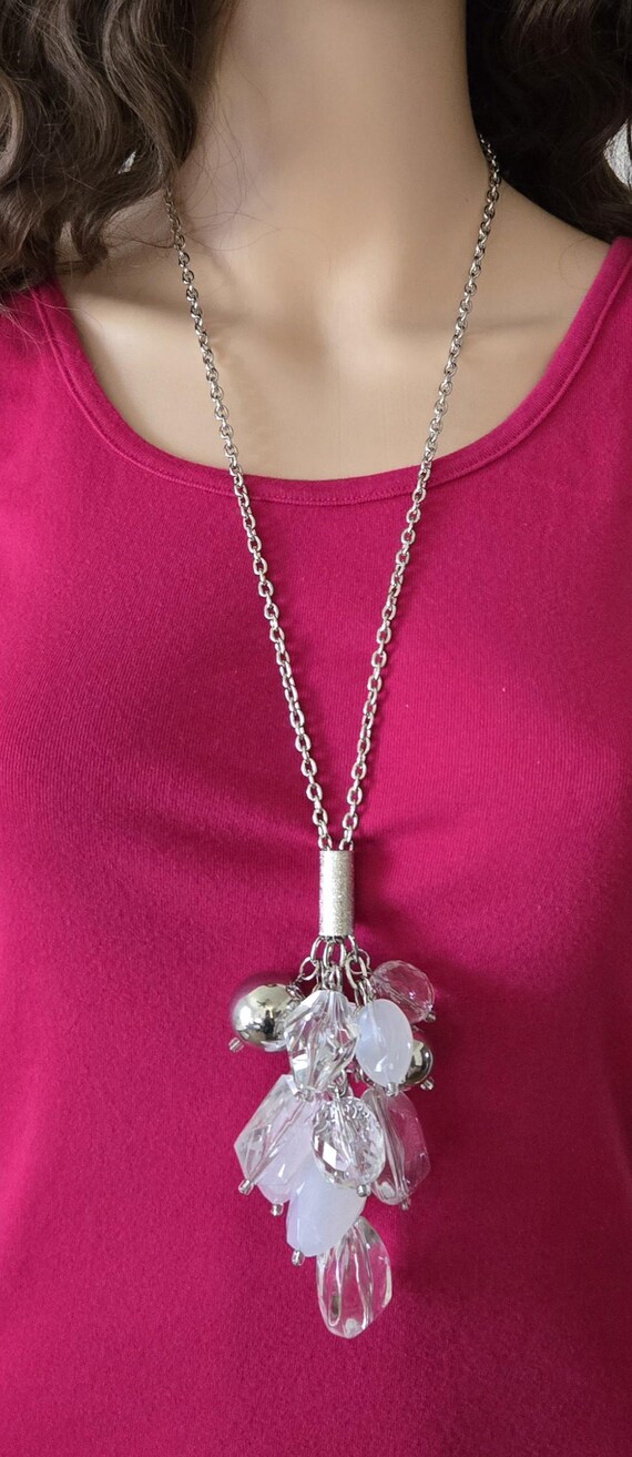 Silver & Opal Bead Cascade Necklace, Large 1990s … - image 2