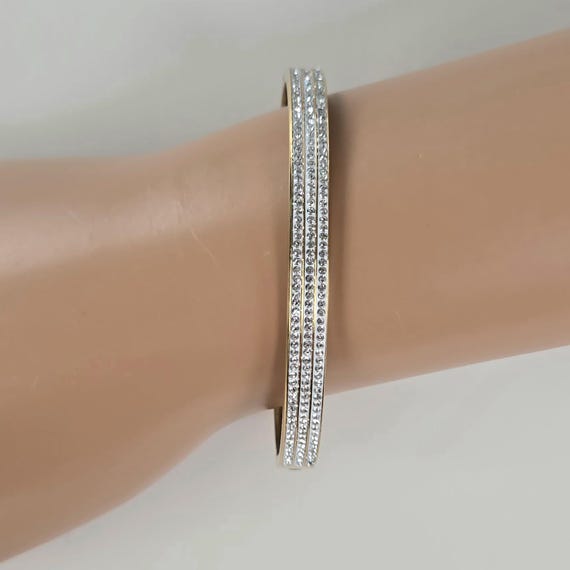 Rhinestone Gold Tone Bangle, Thin Stacking Bracel… - image 2