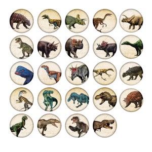 May include: A set of 25 round, vintage-style buttons featuring various dinosaur illustrations. Each button has a beige background with a faded, handwritten-style text. The dinosaurs are depicted in a variety of colors and poses, including a green Tyrannosaurus Rex, a blue Stegosaurus, and a red Triceratops.